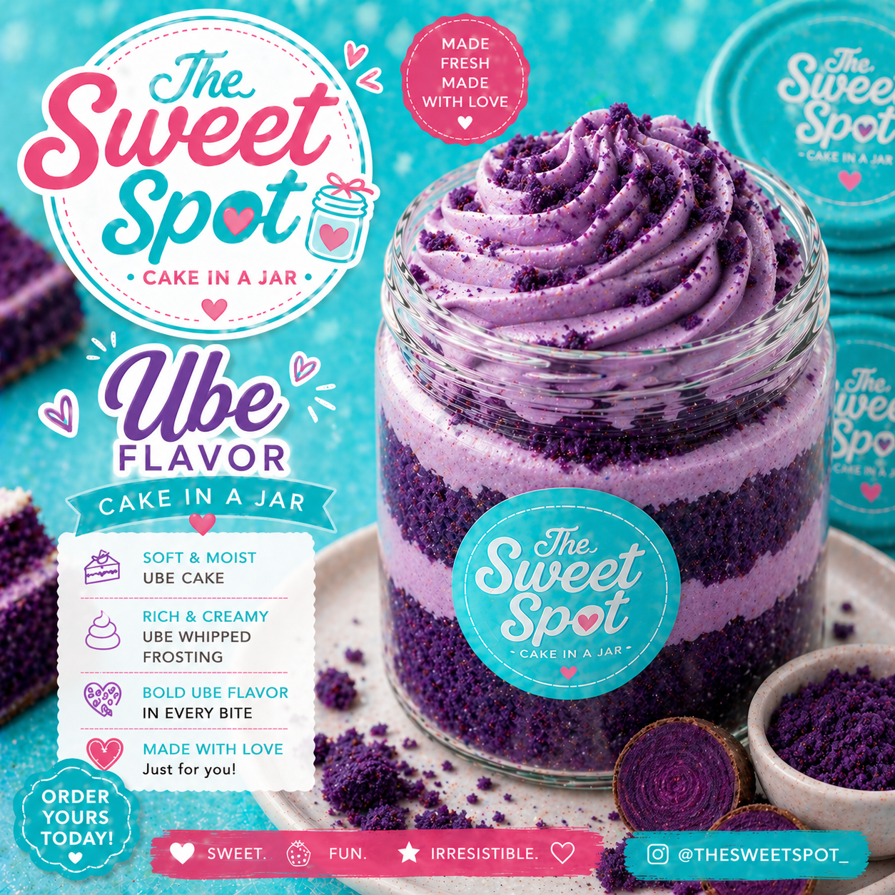 An assortment of decadent cake-in-a-jar flavors